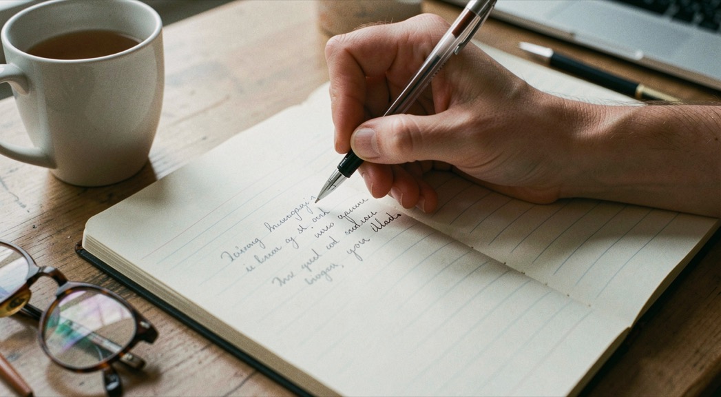 Une main d’adulte aux doigts fins tient un stylo bille au dessus d’un carnet à lignes, quelques lignes déjà écrites d’une écriture serrée et inclinée, une tasse et des lunettes posées au bord de la table.