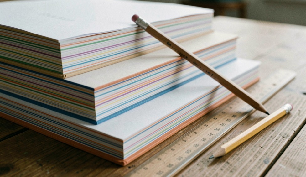 Trois cahiers d’écolier empilés en escalier sur une table de bois, du grand lignage au plus fin, vus de très près et de biais, les réglures colorées bien visibles et les pages vierges, une règle en bois posée en travers et un crayon taillé.