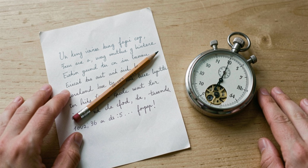 Un chronomètre mécanique posé à côté d’une feuille de copie remplie d’une écriture rapide, un crayon à papier en travers, deux mains qui entrent par les bords du cadre pour maintenir le papier, table de bois clair sous une lumière égale.