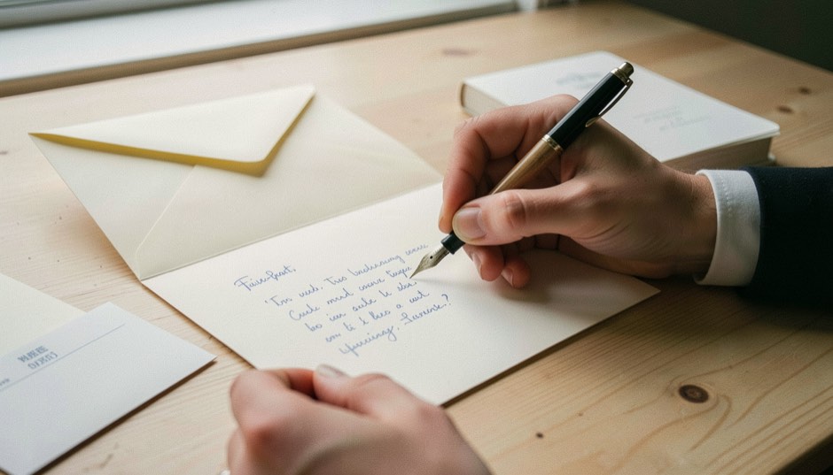 Une carte de faire-part ouverte posée sur une table en bois clair, une main d’adulte y écrivant quelques lignes à l’encre bleue au stylo plume, une enveloppe crème et un carnet d’adresses à côté, lumière douce d’une fenêtre.