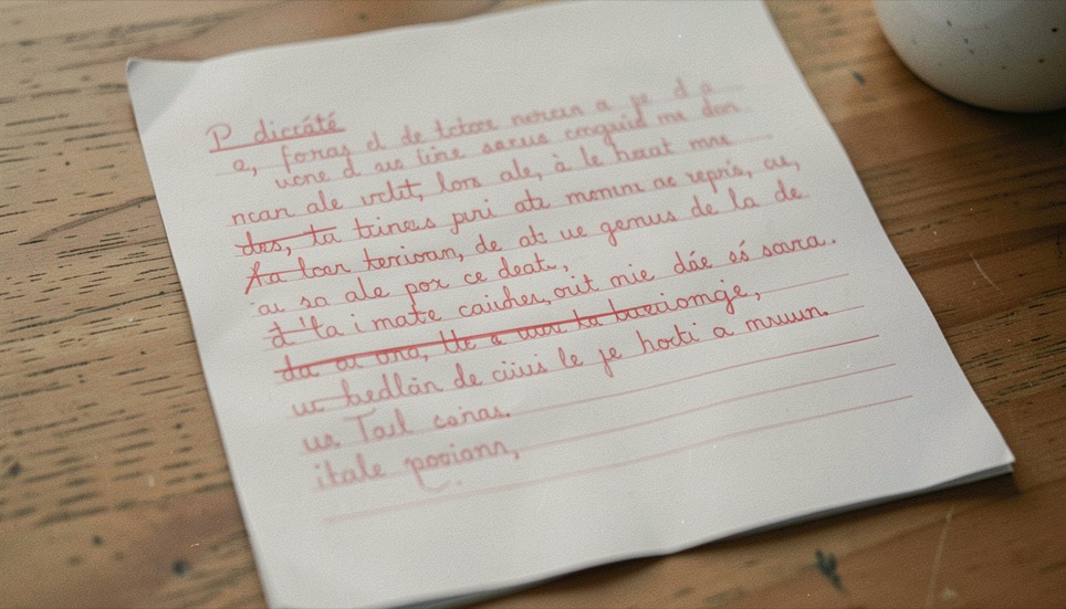 Une feuille de dictée corrigée à l’encre rouge, les accords barrés et repris dans la marge, l’écriture de l’élève régulière au début et plus serrée à la fin de la page.