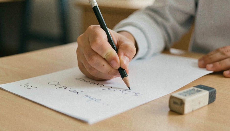 Une petite main d’écolier qui serre trop fort un crayon court, les jointures blanches, la feuille qui a glissé de biais sous le poignet, une ligne d’écriture qui enfonce le papier et dérape hors de la réglure, une gomme usée posée à côté.