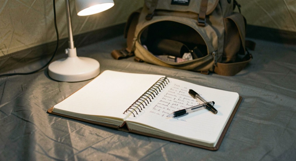Un carnet à spirale ouvert sur une couverture de lit de camp, une lettre manuscrite à moitié écrite à la lumière d’une lampe, un stylo bille posé dans la pliure, un sac à dos entrouvert flou en arrière-plan.