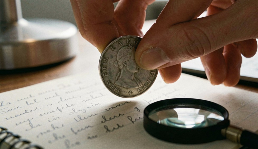Une vieille pièce de monnaie argentée tenue entre deux doigts au-dessus d’un carnet de notes manuscrites, une loupe posée à côté, lettres gravées et petit symbole visibles près de la tranche, lumière rasante d’une lampe de bureau.