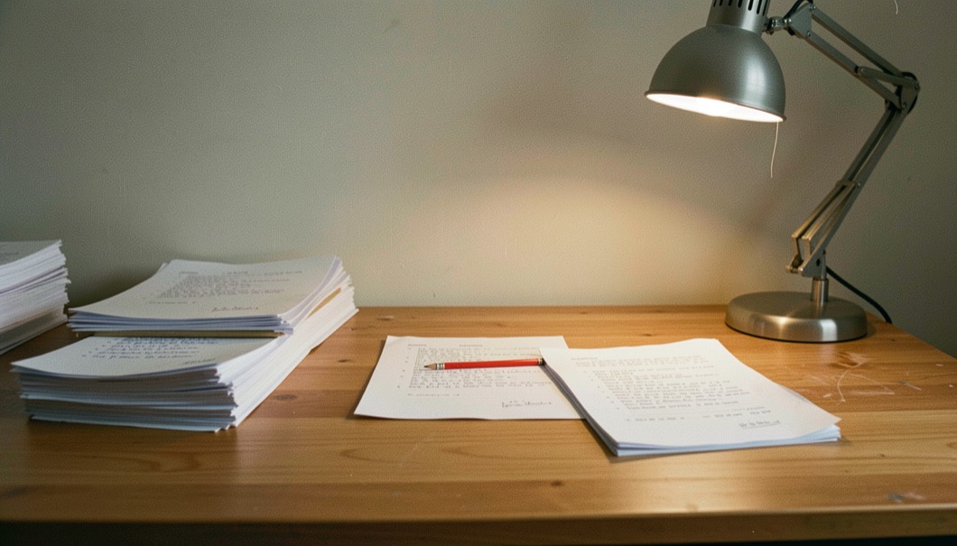 Un bureau de rédaction sobre vu de trois quarts, deux piles de feuillets annotés, un crayon rouge posé en travers, une lampe allumée qui éclaire le plan de travail et un mur nu derrière.