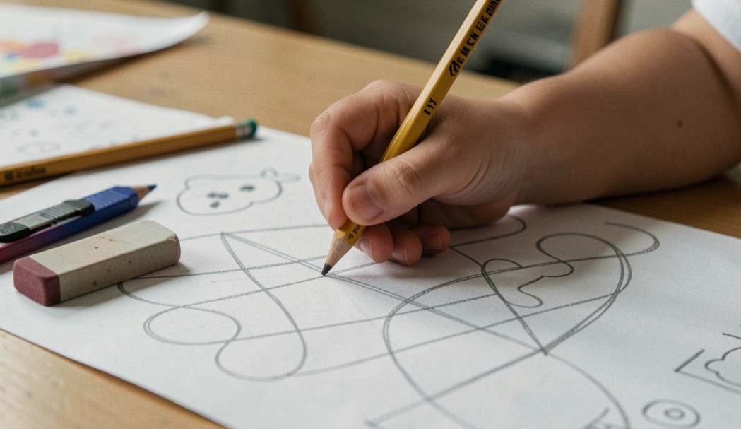 Une main de jeune enfant, doigts encore courts, serre un crayon triangulaire au-dessus d’une feuille de graphisme couverte de boucles et de ponts tracés au crayon gris, la gomme et le taille-crayon posés sur la table à côté.
