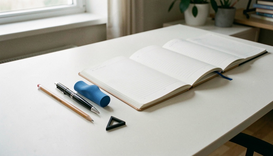 Sur un bureau clair, alignés côte à côte, un crayon à papier, un stylo plume, un guide doigt en caoutchouc bleu, un cahier ouvert à lignes et un taille-crayon triangulaire posé devant, vus de trois quarts.