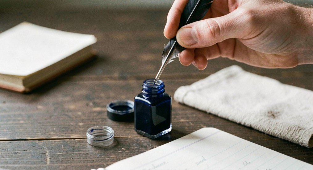 Une main d’adulte tient un porte-plume au-dessus d’un flacon d’encre bleu nuit ouvert, la plume et ses reflets en pleine netteté, le cahier posé dessous hors du champ de mise au point, un buvard et un chiffon plié sur une table de bois sombre.