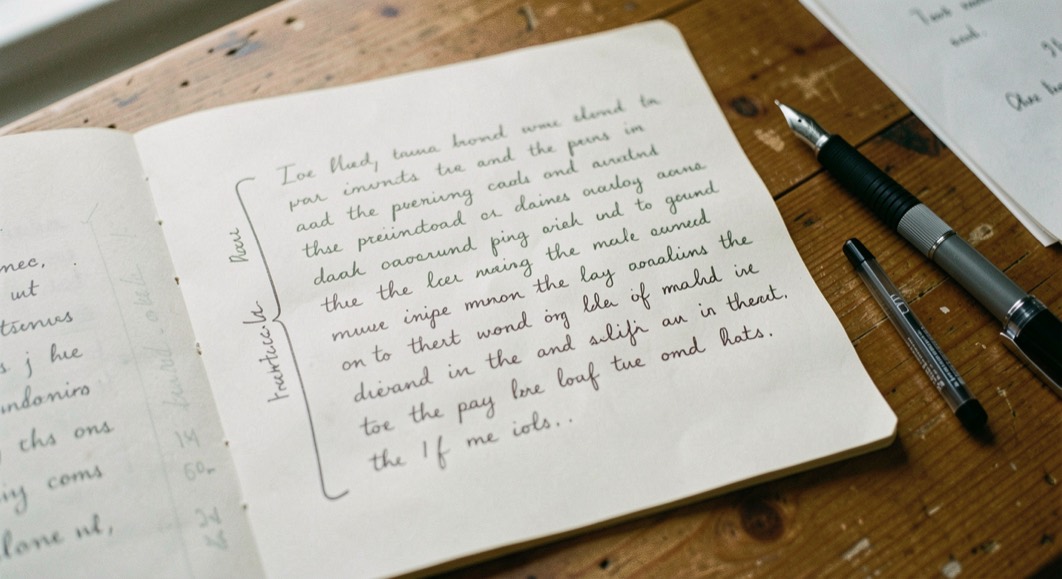 Une feuille de brouillon couverte d’un texte manuscrit à l’encre, des annotations dans la marge et une accolade tracée à la règle au crayon gris, un second stylo posé à côté sur la table.