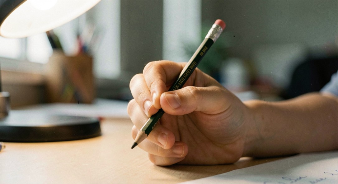 Gros plan sur une main d’enfant tenant un crayon entre le pouce et l’index, le majeur en appui dessous, le poignet posé sur la table, les ongles courts et la peau claire sous une lampe de bureau.