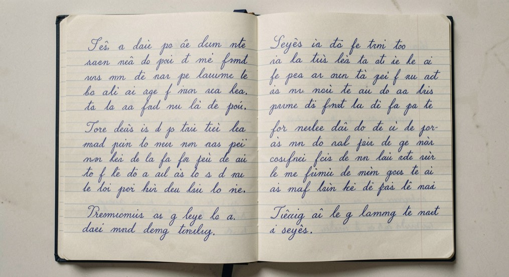Une double page de cahier d’écolier à réglure Seyès vue de haut, des lignes d’écriture manuscrite au stylo bleu qui oscillent au dessus et en dessous des lignes bleues, les intermots irréguliers, les dernières lignes plus tremblées que les premières, lumière neutre.